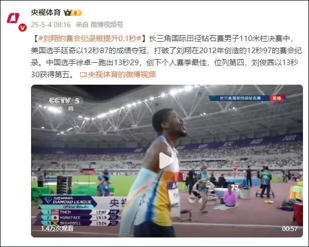 美国选手打破刘翔保持了13年的纪录！12秒87夺冠