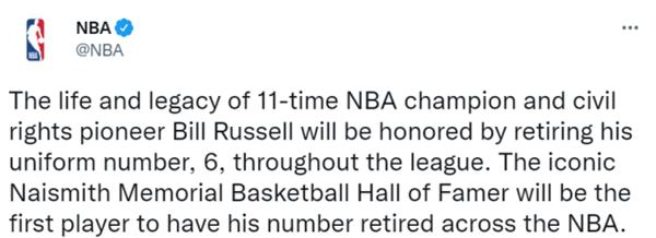 史无前例！为表彰已逝传奇球星拉塞尔，NBA将永远退役6号球衣