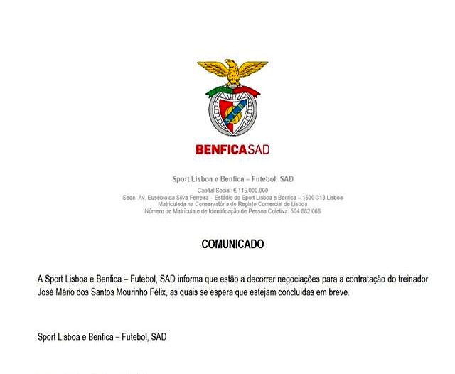 本菲卡官宣!穆里尼奥签2年,21年后重返葡萄牙足坛,周六首秀-第4张图片-ZBLOG 本菲卡(葡萄牙)_穆里尼奥回归本菲卡_本菲卡穆帅战术安排